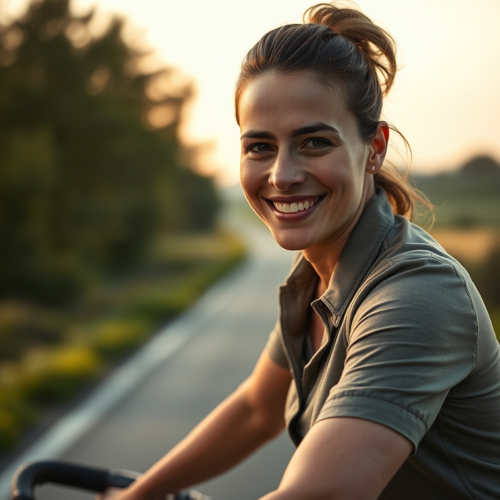 Person cycling on a scenic countryside road in soft afternoon light